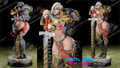 Three warrior figurines with armor and weapons on a dark background