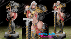 Three warrior figurines with armor and weapons on a dark background