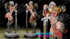 Three warrior figurines with armor and weapons on a dark background