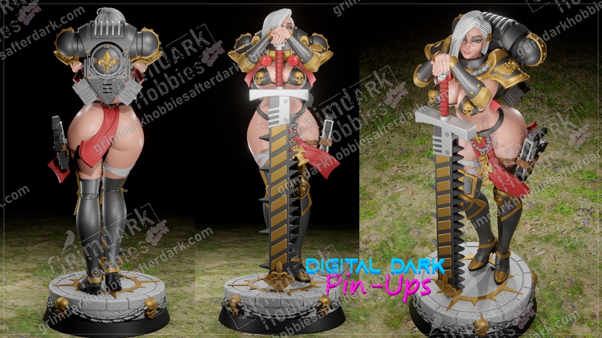 Three warrior figurines with armor and weapons on a dark background