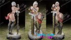 Three warrior figurines with armor and weapons on a dark background