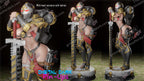 Three warrior figurines with armor and weapons on a dark background