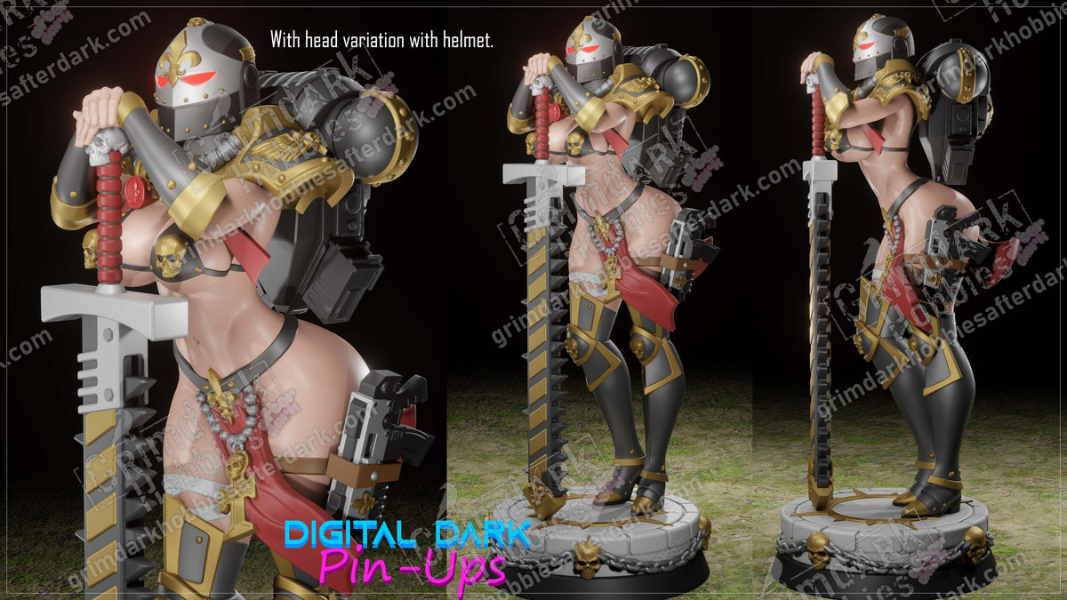 Three warrior figurines with armor and weapons on a dark background