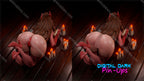 Digital art of a stylized character with horns and a tail on a wooden surface with candles, branded 'Digital Dark Pin-Ups'.