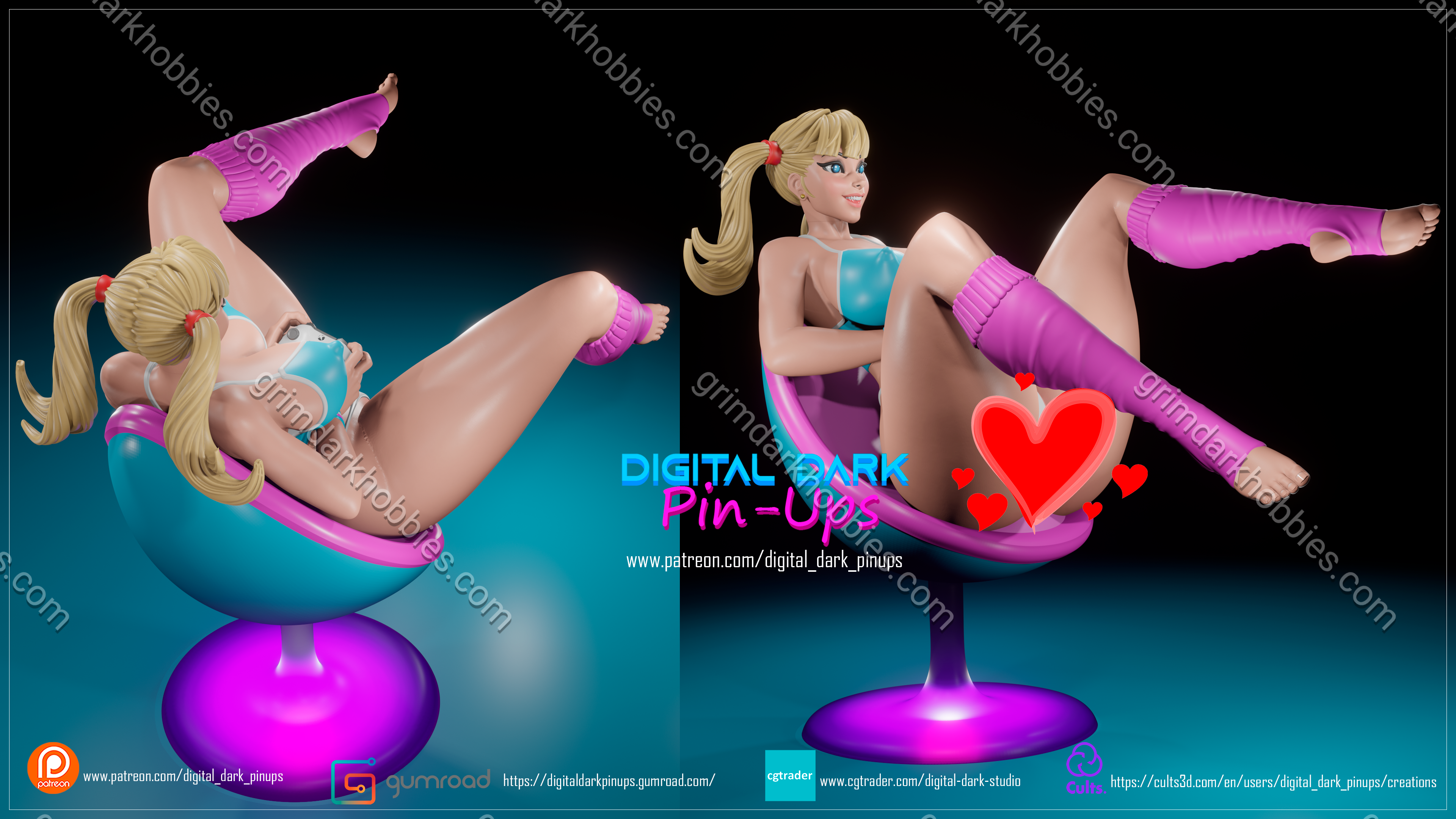 Digital Dark Pin-Up Gamer Girl 4 & 5 Diorama – 1:10-1:4 Scale Print-to-Order 3D Printed Resin Model Kit