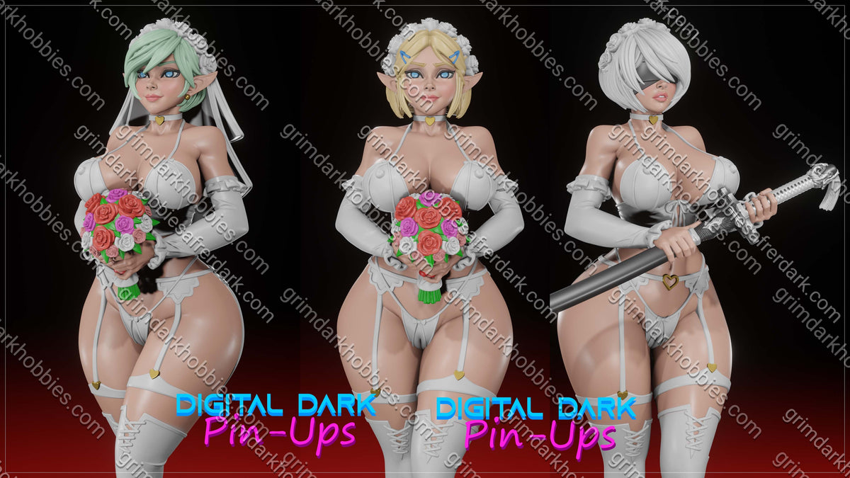 Digital Dark Pin-Ups Bride Pack Zelda, 2B, & Elf – 1:10-1:4 Scale Print-to-Order Model