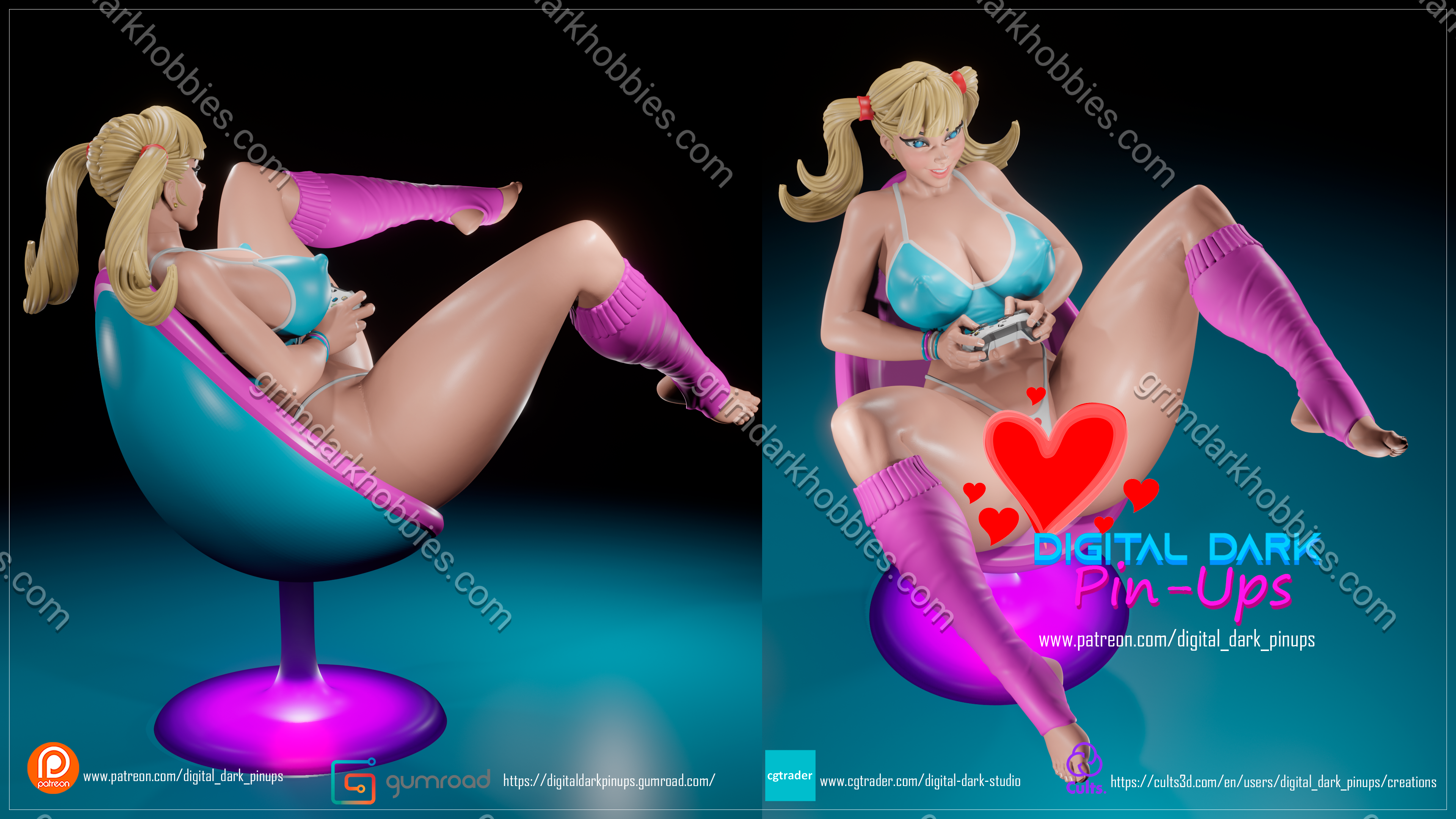 Digital Dark Pin-Up Gamer Girl 4 & 5 Diorama – 1:10-1:4 Scale Print-to-Order 3D Printed Resin Model Kit